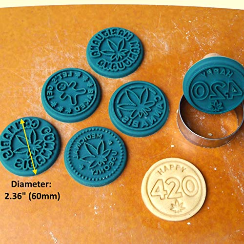 Marijuana Silicone Cookie Stamps, Stainless Steel Cookie Cutter, Wood Handle, Party Novelty Gift, 6 Stamp Set #TOP4