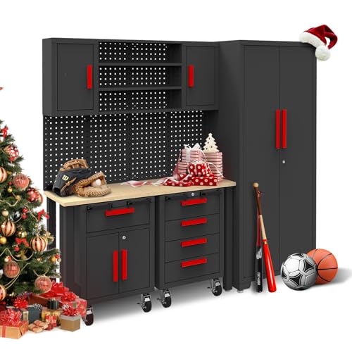 Image of Torin Garage Storage Cabinets System, 6-Pcs Workshop Cabinet Set in Black | Included Steel Cabinets Drawers Rolling Chest and Pegboard,Locked Garage Storage Cabinet