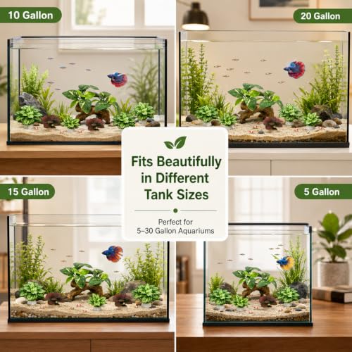 Image of 9-Pack Silk Aquarium Plants & Driftwood Cave Fish Tank Decor Accessories | Soft Silk Plants Aquarium Decorations, Fish-Friendly, Small Fish Tank Decorations for Betta, Shrimp, Cichlid Tank & Reptiles