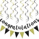 Outus Pre-strung Glitter Congratulations Banner Triangle Flag Banner with 12 Pieces Hanging Swirls for Wedding Retirement Graduation Anniversary Party Decorations(Black, Gold)