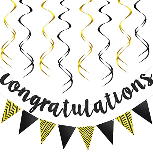Outus Congratulations Banner with Triangle Flag 12 Swirls,Black, Gold