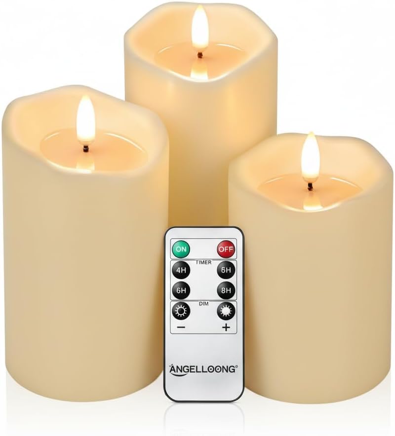 ANGELLOONG Flameless Candles with Remote for Table Decor, Flickering Fake Pillar Candles Battery Operated, Battery Candles with Timer for Home Living Room Wedding Bride Decoration, Set of 3