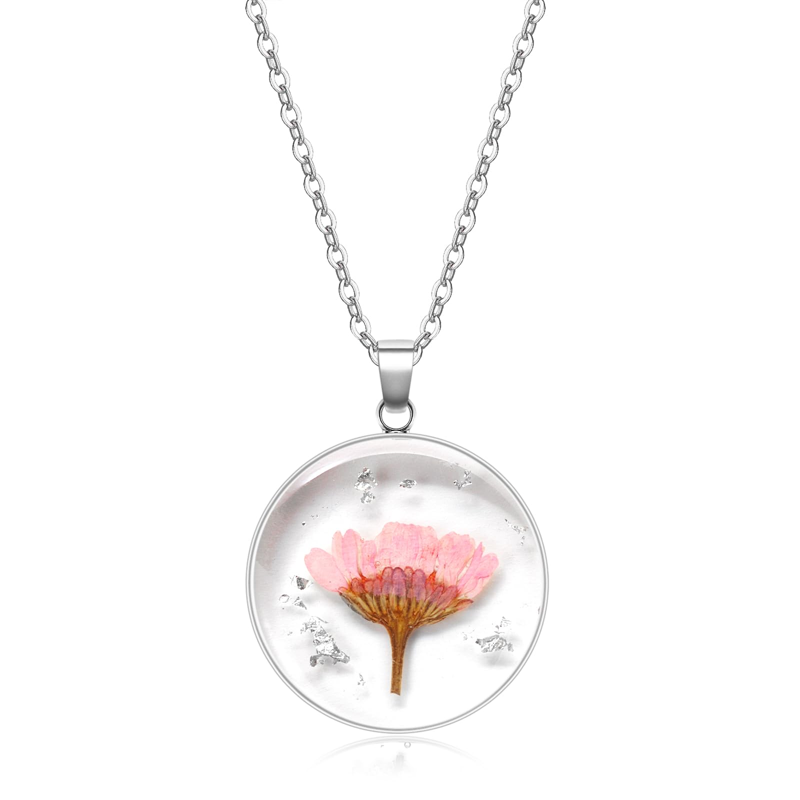 KBFORU Birth Flower Necklace Silver For Women - 1-12 Month Necklace - Handmade Pressed Flower - Unique Holiday Gift - 18"