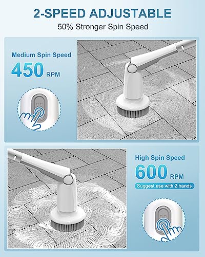 600Rpm Electric Spin Scrubber, Biuble Cordless Cleaning Brush With Adjustable Long Handle, 5 Upgrade Replaceable Brush Heads & Velcro, Bathroom Shower Cleaning Scrubber For Bathtub Grout Tile Floor #TOP1