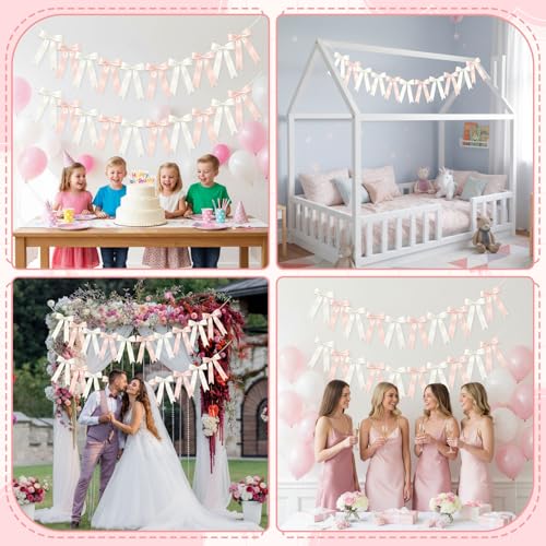 Image of NatNarr 2 Pcs White and Pink Bow Garland, Satin Ribbon Valentines Day Decorations Pre-Strung Bow Garland Party Banner for Wedding Birthday Baby Bridal Shower