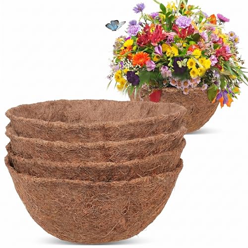4PCS Hanging Basket Liner Coco Fiber Liners for Hanging Baskets Plant Flower Growth Indoor Outdoor Garden Porch Balcony Planter Wall Basket Liner Replacement (12 inch)