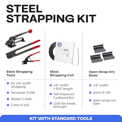 Image of IDL Packaging - B.SSK.12.300 1 /2 inch x 300 ft. Steel Strapping Kit, 1100 lbs. Break Strength - Include Consumables for up to 150 Strapping Cycles