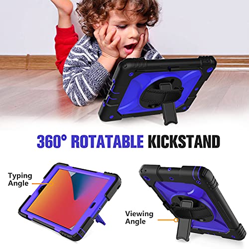 Ledniceker Ipad 9Th/8Th/7Th Generation Case, Ipad 10.2 Case, Three Layer Protective Kids Case With [360 Rotating Stand] [Hand Strap] [Pencil Holder] For Ipad 10.2 9Th Gen 2021/2020/2019- (Blue+Black) #TOP3