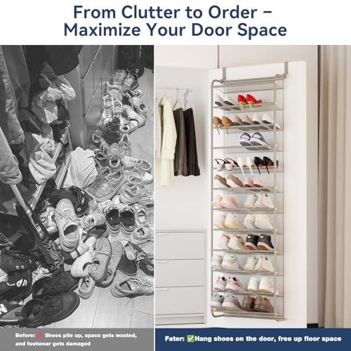 Image of Whitmor 36 Pair Over The Door Shoe Organizer, 12 Tier Hanging Shoe Organizer, Heavy Duty Metal & Mesh Shoe Holder, Hanging Shoe Rack for Closet Organizer & Storage, 74 inch L x 21.7 inch W x 7.5 inch H, Mocha
