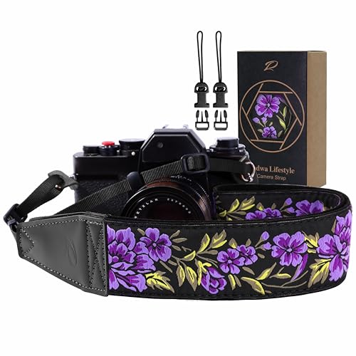 Image of Padwa Lifestyle Purple Rose Camera Strap - 2 inch Full Grain Leather Ends Camera Straps for Photographers, Vintage Embroidered Cotton Soft Suede Fabric Padded Strap Quick Release fits All Cameras