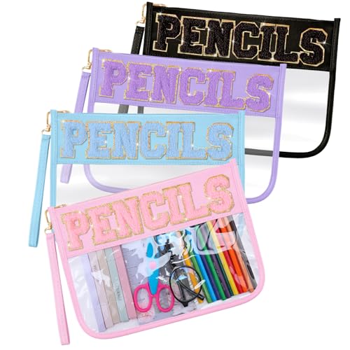 Image of Dansydaisy 4 Pcs Preppy Pencil Case Clear PVC Pouch Chenille Letter Patch Big Capacity Pencil Bag Aesthetic Storage Bag with Zipper for School Women Girl Office Travel Supplies