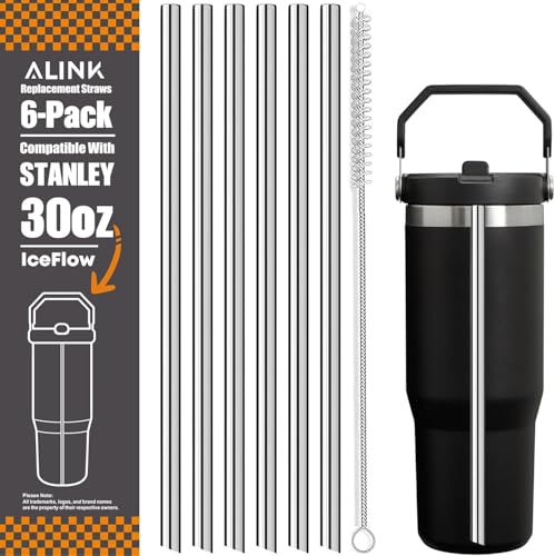 ALINK Pajitas de acero inoxidable compatibles con Stanley Iceflow 30oz Flip Tumbler, 6 paquetes de pajitas de metal reutilizables para Stanley Ice Flow 30oz Cup Lid Only, Plus Straw Cleaner Brush