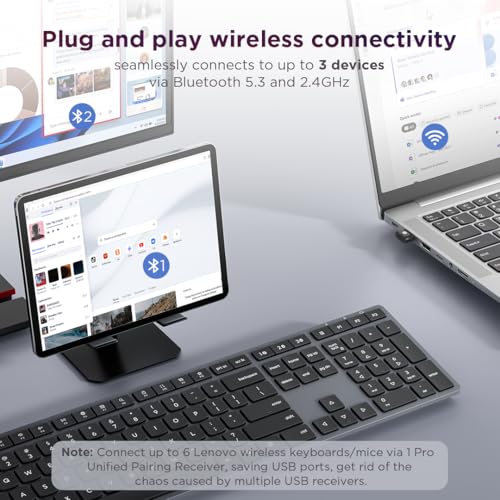 Image of Lenovo 700 Modern Wireless Keyboard, 2.4 GHz Dongle & Dual Bluetooth Connection, AES-128 Encryption, 36 Month Battery Life, Luna Grey