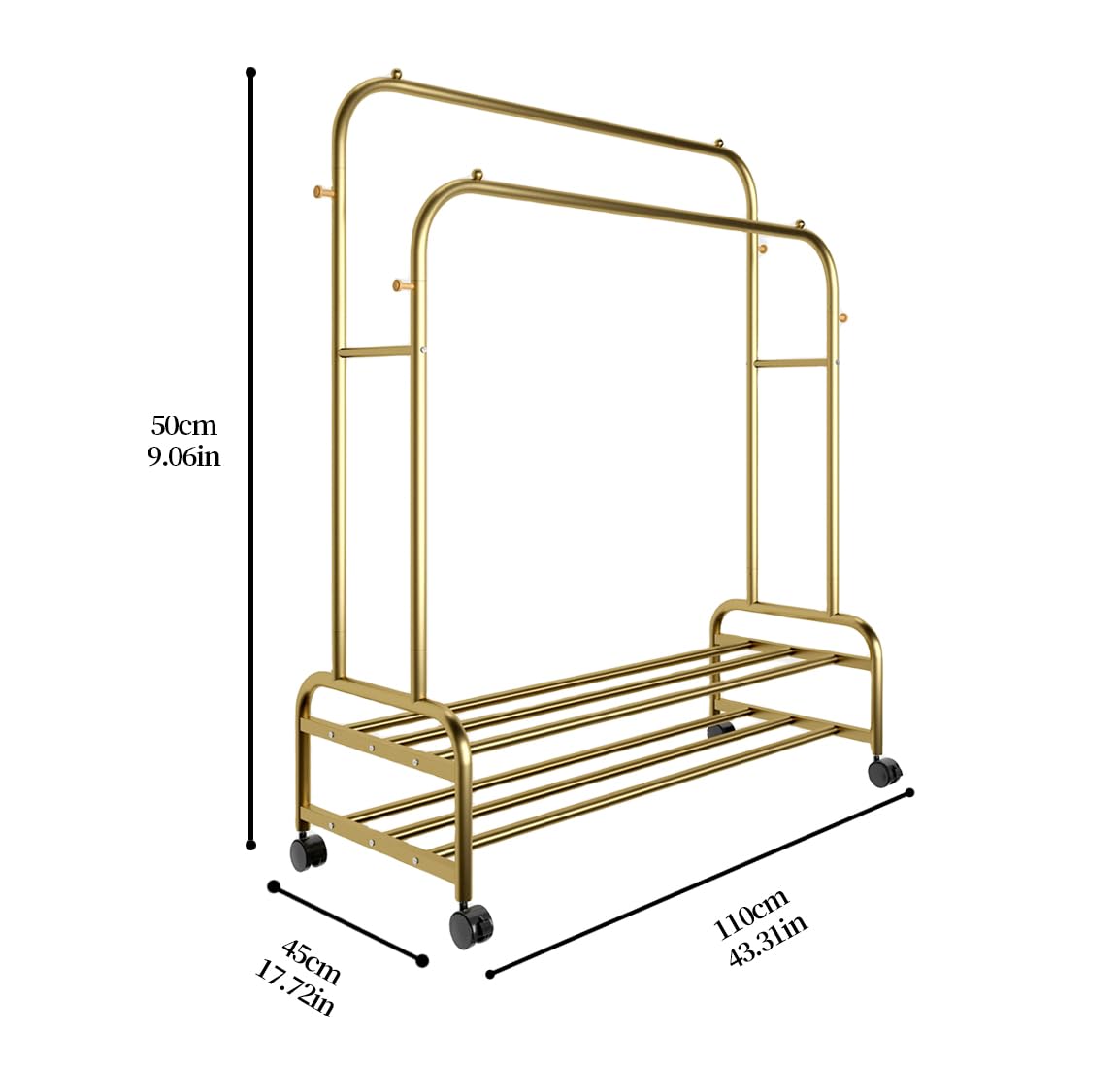 Antiwar Sturdy Metal Double Rodding Clothes Rack With Wheels, Portable Clothing Rack With Shelves & Hooks, Heavy Duty Garment Racks for Hanging Clothes, Multi-Functional Closet Rack for Bedroom, Golden 