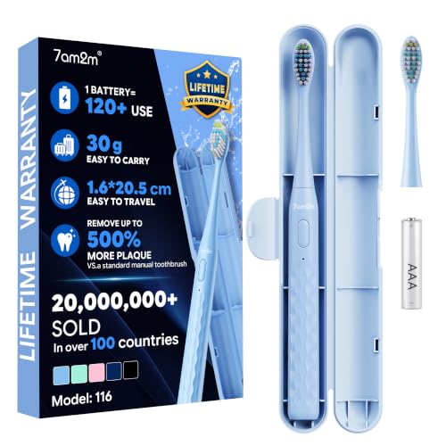 Image of 7AM2M Sonic Travel Electric Toothbrush for Adults & Kids, Travel Case&2 Brush Heads, Battery Powered Sonic Toothbrush, Compact Design for Daily /Travel Use-Blue