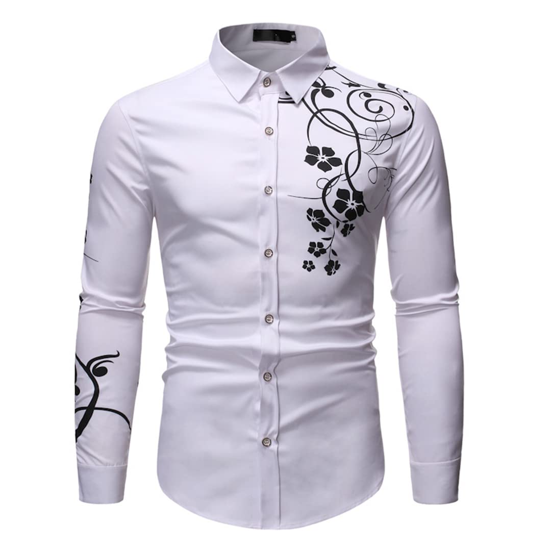 Stylish Gold Flower Print Black Shirt Men Spring Slim Fit Long Sleeve Mens Dress Shirts Party Casual Male Social Shirt