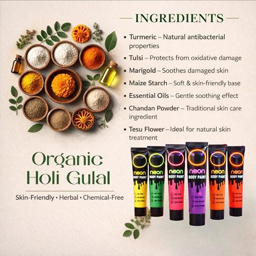Image of CraftVatika Neon Body Paint for Holi Color Festival | Certified Non-Toxic & Skin-Friendly Face Paint | UV Glow Neon Colours | 6 Assorted Tubes (300g Total)