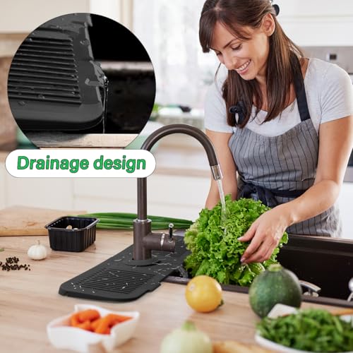 FFTANXS Wasserhahnschutz & Abtropfmatte Schwarz,Wasserhahn Spritzschutz,Wasserhahnmatte für Küchenspüle Schneidbar&Klappbare,Wasserhahn Matte für Wasserauffang Rbeitsplatte Schützen,für Küche und Bad