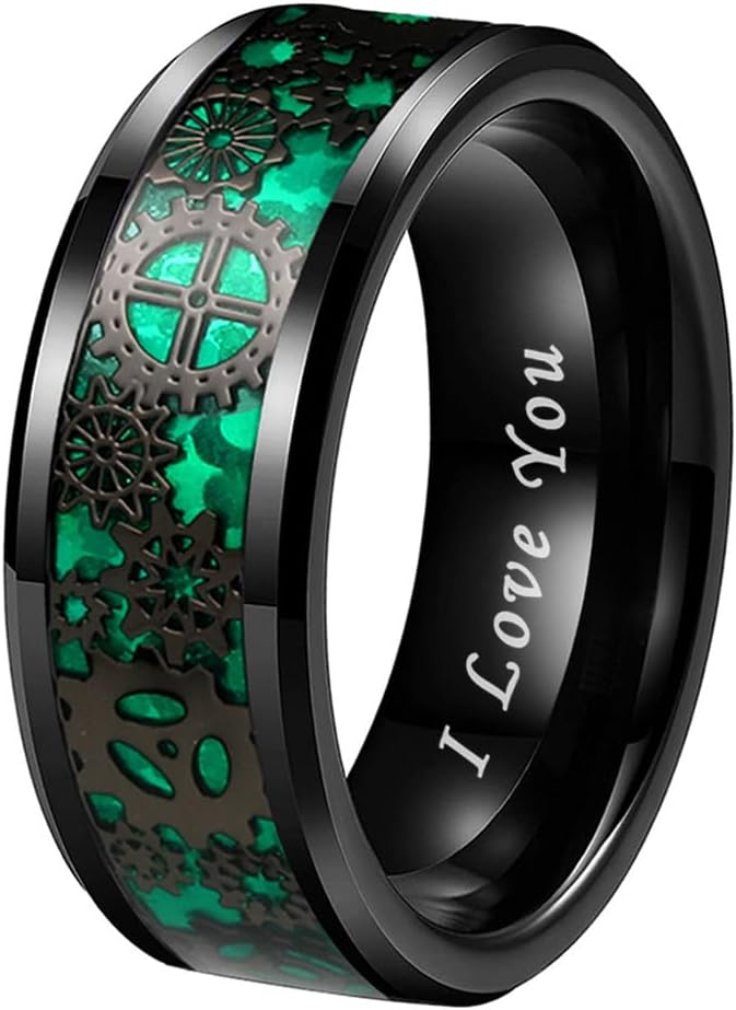 TUTISS 8mm Blue Red Green Carbon Fiber Steampunk Gear Inlay Silver and Black Tungsten Rings for Men Women Wedding Bands Beveled Edges I Love You Engraved Comfort Fit