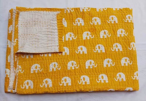 Fashionmart Kantha Quilt Twin Size Handicraft Jaipuri Quilt Handmade Bed Cover Cotton Kantha Blanket Throw Home Decor Bedspread Bedsheet, Twin Size,r, Yellow, 60X90I nches (KQ-101)