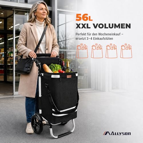 Allyson® Einkaufstrolley Klappbar, Einkaufswagen mit 56L Kapazität & Wasserdichter Tasche...