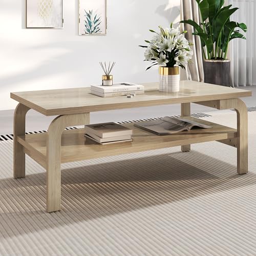 Tangkula 2-Tier Coffee Table, Rustic 47” Rectangular Wooden Cocktail Table with Large Tabletop, Open Shelf, Curved Legs, Mid Century Accent Center Table with Storage for Living Room (Natural)