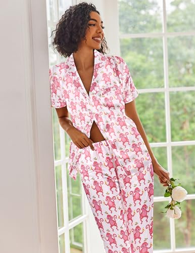 Image of Ekouaer 2 Piece Satin Short Sleeve Pajamas Set Button Down Sleepwear | Soft Pjs Set Classic Loungewear for Wedding, Party, Home, Daily Wear, Date Nights