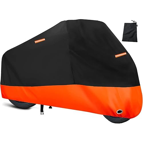 Motorcycle Covers XL, Scooter Cover Waterproof Motorcycle All Season, Universal Sun Weather Outdoor Motobike Protection, Motorcycle Cover with 5 Reflective Strips Orange