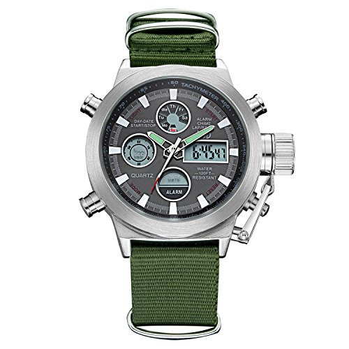 Golden Hour Fashion Green Fabric Men's Military Watch Waterproof Analog Digital Sports Watches for Men in Silver