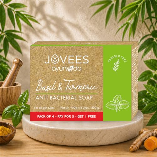 Image of Jovees Herbal Pimple & Anti-Bacterial Soap 400g - Basil & Turmeric Bar, Fights Pimples, Controls Oil, Deep Cleanse, Soothes Skin, Promotes Clear, Healthy & Natural Glowing Skin for Men & Women (Set of 4)