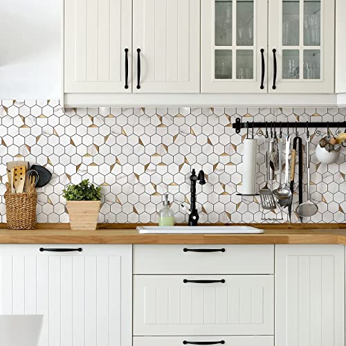 Kasaro 10-Sheet Peel And Stick Backsplash, 0.16In Thickness Aluminum Mosaic Stainless Steel Self Adhesive Tile For Kitchen Wall Bathroom Hexagon, Golden #TOP3
