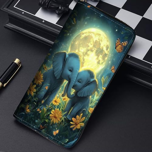 Image of RFID Blocking Leather Wallet for Women - Large Capacity Zip Around Clutch with 8 Card Slots,42 Cash Pockets & Coin Zipper,Cute Elephant