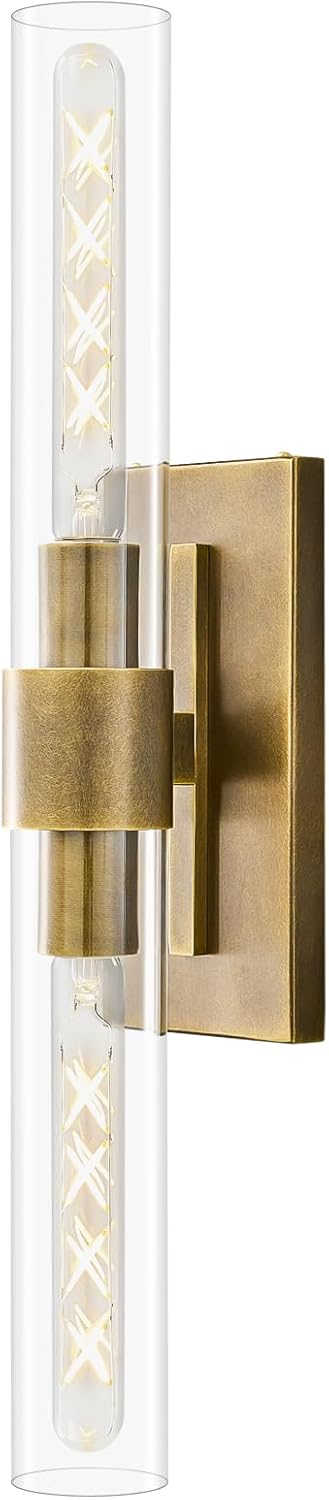 23" Brass Wall Sconce with Clear Glass Shade - Rust-Resistant Vintage Light, E26 Indoor Sconce, Decorative Lighting for Bathroom Living Room Stairway Fireplace Bedroom (Bronze)