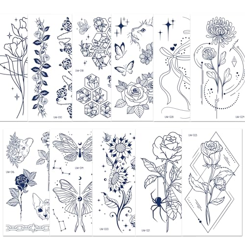 Qpout - Qpout 11Feuilles Tatouages semi-permanents pour femmes filles Tatouages temporaires réalistes Art corporel Tatouage Autocollants Bleu foncé imperméable faux tatouages longue durée de 2 semaines