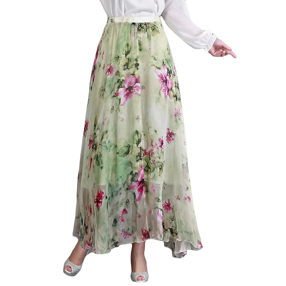 MISSMAO Jupe Longue Femme Fleur Imprimé Taille Élastique Fluide en Tull Plissée Imprimé Floral Évasée Été en Mousseline de Soie Ample Jupe Plissé de Plage Elégante Vintage Jupe de Danse du Ventre
