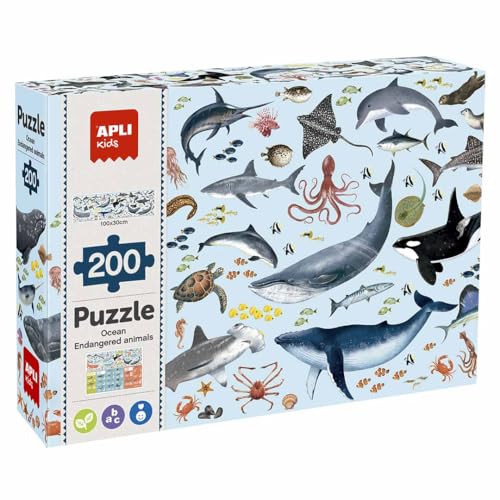 APLI Kids 19696 - Puzzle Educativo de Animales amenazados, Modelo Océano, 200 Piezas tamaño 6 x 3 cm