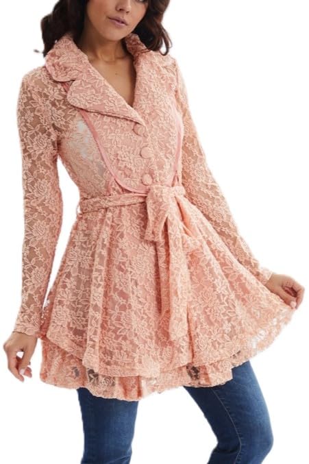 Women's Flared Lace Trench Coat, Long Sleeve, Belted Waist, Coral Pink/Peach4