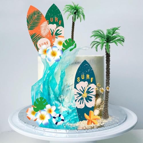 YUEcthynous Décorations d'anniversaire de Surf,20 pièces Surf Birthday Cake Decoration Hawaiian Tropical beach Party décoration Summer Coconut Beach tropical cake,Baby shower fête d'anniversaire en ét