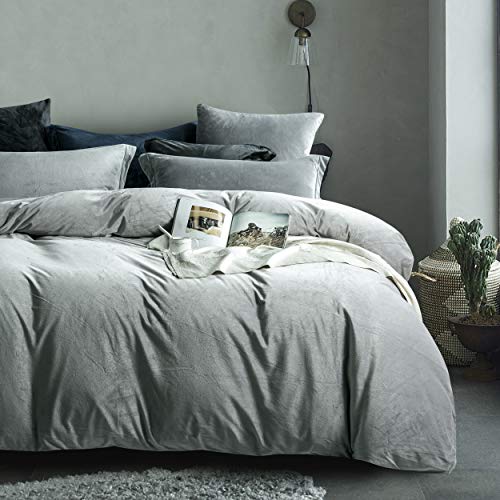 Ntbay Velvet Queen Duvet Cover Set, 3 Pieces Zippered Flannel Comforter Cover Set, Grey #TOP2