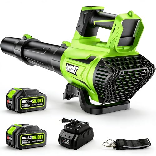 SNJORT Leaf Blower Cordless with Battery and Charger, 980CFM Brushless Motor, 2 Batteries, 6 Speed Modes， Blowers for Lawn Care, Dust, Blowing Leaves,Birthday Gifts for Men Dad Husband（Bright Green）