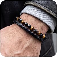 RANKEEF Men's Tiger Eye Beaded Leather Bracelet - Hypoallergenic Stainless Steel Clasp, 7.5/8.5/9 Inch Sizes for Husband Son Birthday Gifts