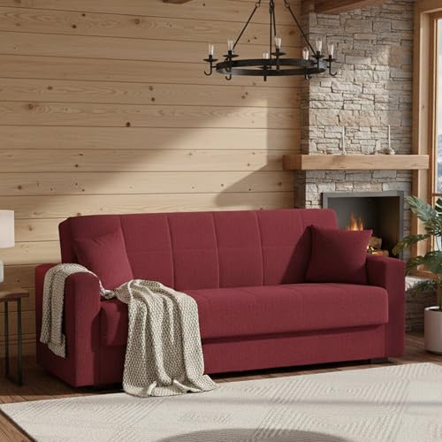DIVANO LETTO 3 POSTI - Divano letto contenitore lineare, Sofà da soggiorno in tessuto imbottito con apertura click-clack, 212x80h87 cm, Rosso
