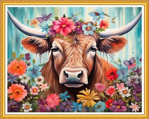 Image of DMCVIVR Stamped Cross Stitch Kits for Beginners Adults Needlepoint Kits for Beginners Embroidery Kits for Adults Crossstitch Kit for Beginners 11CT-Flower Cattle 16x20 inch