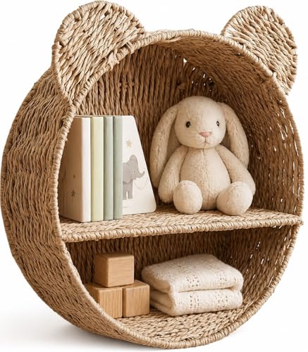 Image of Rattanzenith Woven Wall Basket Shelf Bear Nursery Decor — Boho Handwoven Hanging Wall Decor for Kids Room, Paper Rope Stuffed Animal Organizer, Baby Nursery Floating Shelf
