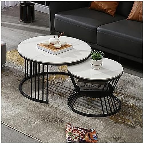 Image of Modern Nested Coffee Table Set of 2 | Round Marble Finish Tabletop with Metal Base | Luxury Center Table for Living Room, Lounge & Office