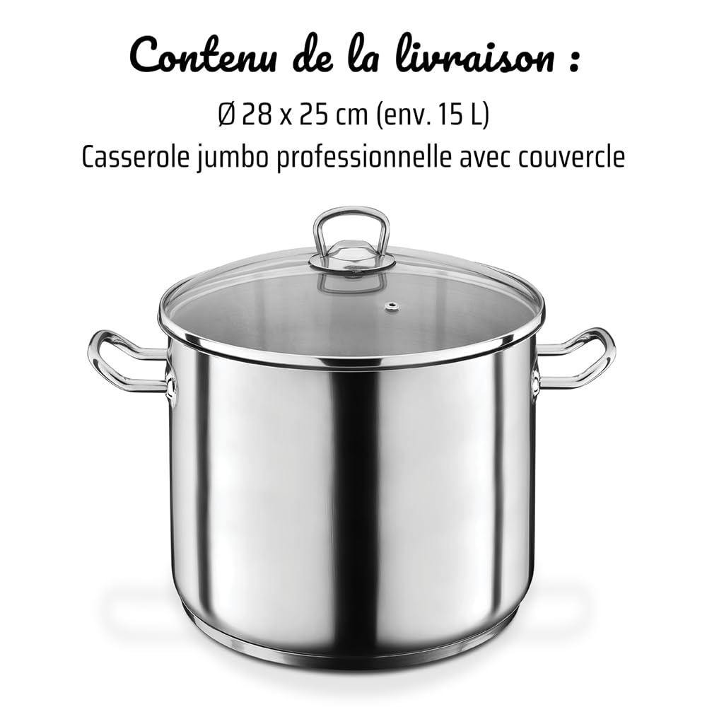 GSW Grande marmite Professionnelle – Grand Pot XXL pour Soupe, pâtes et ragoût, idéale pour Les familles et la gastronomie – Acier Inoxydable, 28 cm, 15 litres