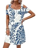 GUNEST Womens Blue White Flowers Printed Summer Dress Cold Shoulder Scoop Neck Short Sleeve Spaghetti Strap with O Ring Loose Fit Boho Floral Print Fashion Cocktail Party Sundress with Pockets
