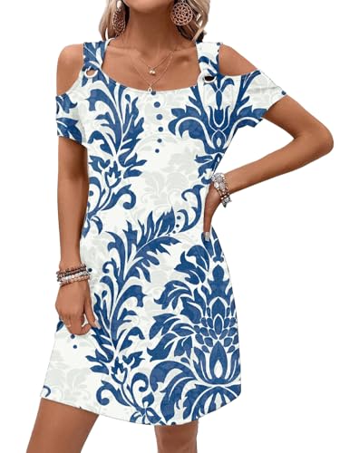 Image of GUNEST Womens Summer Dress Cold Shoulder Scoop Neck Short Sleeve Spaghetti Strap with O Ring Fashion Sundress with Pockets