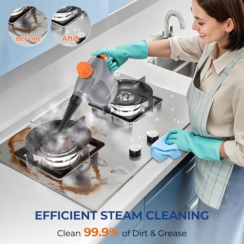 Image of Steam Cleaner, Pressurized Handheld 13pcs Multi-Purpose Natural Deep Cleaning Steamer, Portable Steamer for Cleaning Home, Grout, Kitchen, Car, Window, Upholstery, Bathroom and Clothes, Orange&Gray