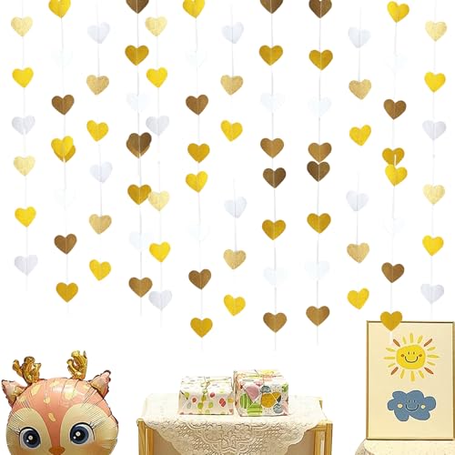 52ft Love Heart Garland Hanging Streamer, Wedding Decorations Wedding Party Getting Married Decoration Engagement Party Anniversary Decorations for Room House Birthday Valentine's Day Gold White